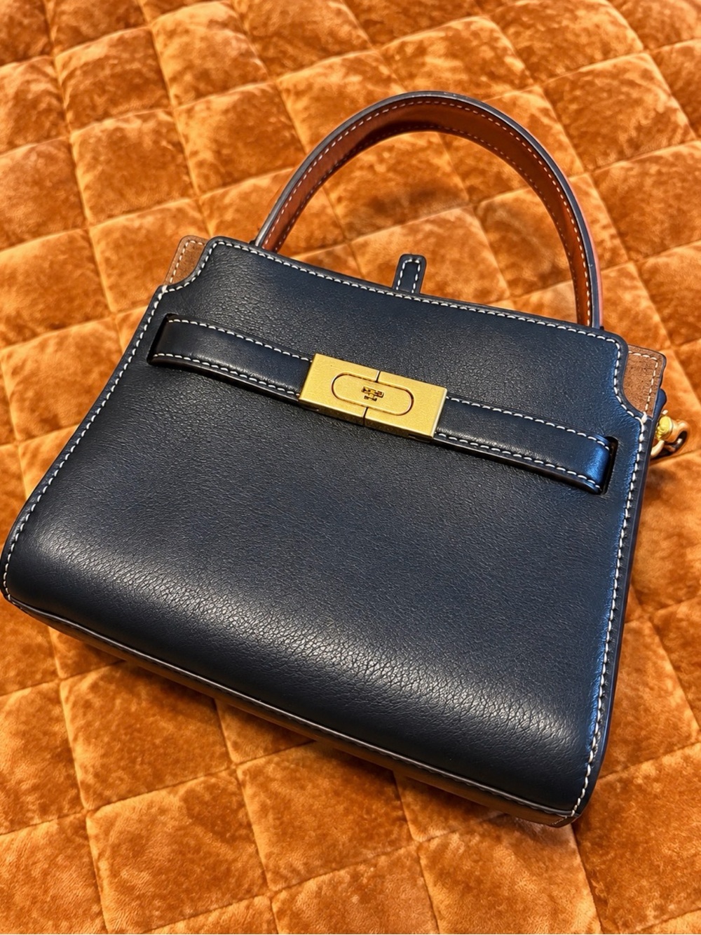 Tory Burch Lee Radziwill Petite Leather Suede Top Handle Bag Black